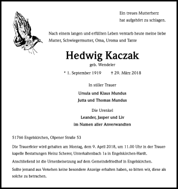 Anzeige von Hedwig Kaczak von Kölner Stadt-Anzeiger / Kölnische Rundschau / Express