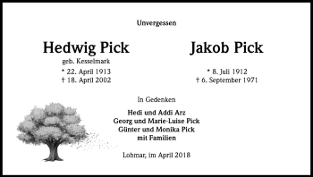 Anzeige von Hedwig Pick von Kölner Stadt-Anzeiger / Kölnische Rundschau / Express