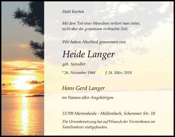Anzeige von Heide Langer von Kölner Stadt-Anzeiger / Kölnische Rundschau / Express
