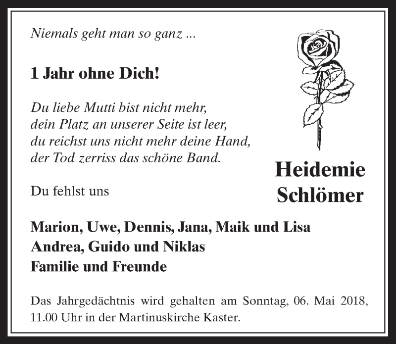 Traueranzeige für Heidemie Schlömer vom 25.04.2018 aus  Werbepost 