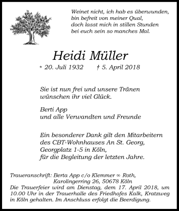 Anzeige von Heidi Müller von Kölner Stadt-Anzeiger / Kölnische Rundschau / Express