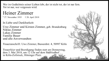 Anzeige von Heiner Zimmer von Kölner Stadt-Anzeiger / Kölnische Rundschau / Express