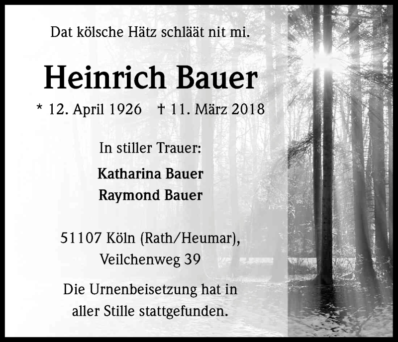  Traueranzeige für Heinrich Bauer vom 11.04.2018 aus Kölner Stadt-Anzeiger / Kölnische Rundschau / Express
