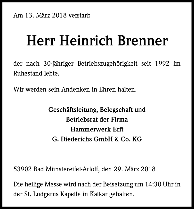  Traueranzeige für Heinrich Brenner vom 09.04.2018 aus Kölner Stadt-Anzeiger / Kölnische Rundschau / Express