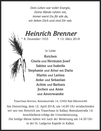 Anzeige von Heinrich Brenner von  Blickpunkt Euskirchen 