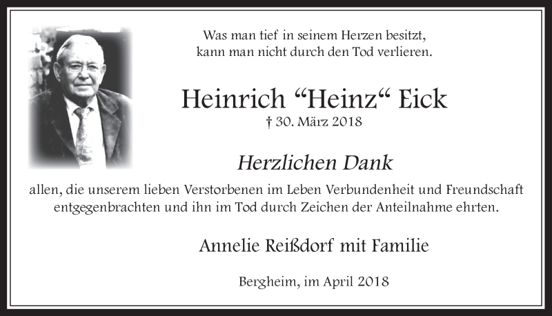  Traueranzeige für Heinrich Eick vom 25.04.2018 aus  Werbepost 