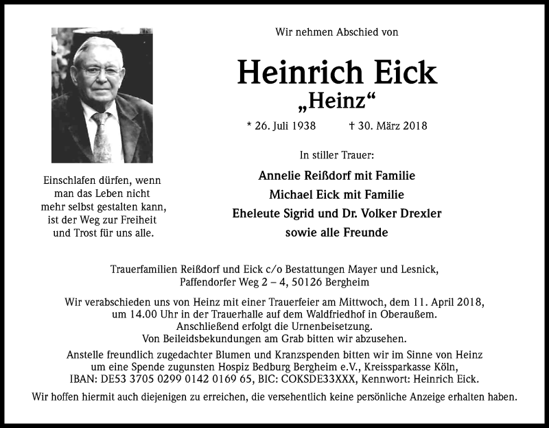  Traueranzeige für Heinrich Eick vom 07.04.2018 aus Kölner Stadt-Anzeiger / Kölnische Rundschau / Express