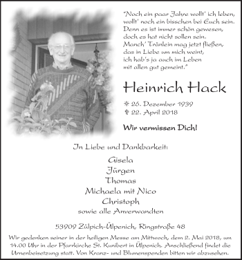 Anzeige von Heinrich Hack von  Blickpunkt Euskirchen 