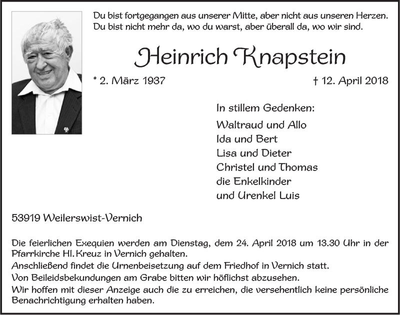  Traueranzeige für Heinrich Knapstein vom 21.04.2018 aus  Blickpunkt Euskirchen 