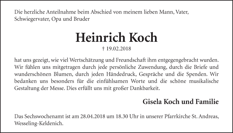  Traueranzeige für Heinrich Koch vom 11.04.2018 aus  Schlossbote/Werbekurier 