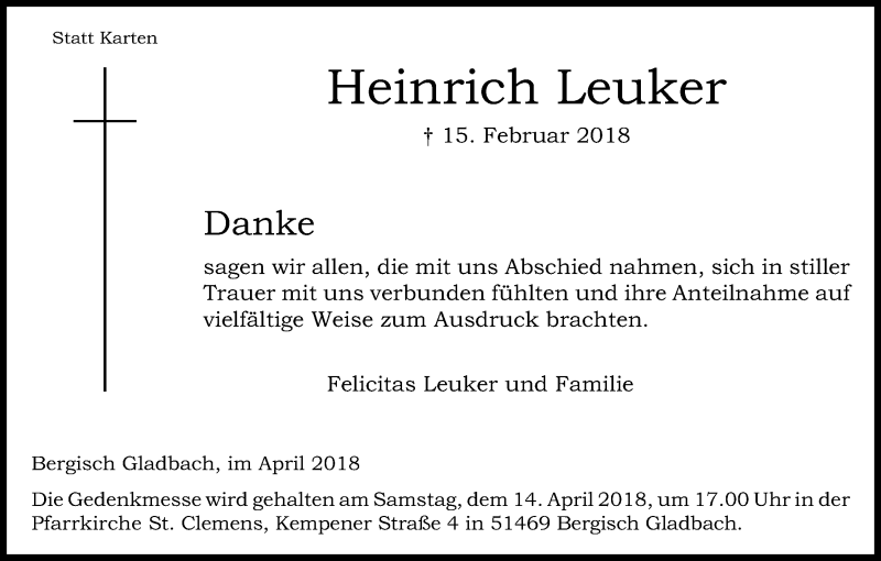  Traueranzeige für Heinrich Leuker vom 07.04.2018 aus Kölner Stadt-Anzeiger / Kölnische Rundschau / Express