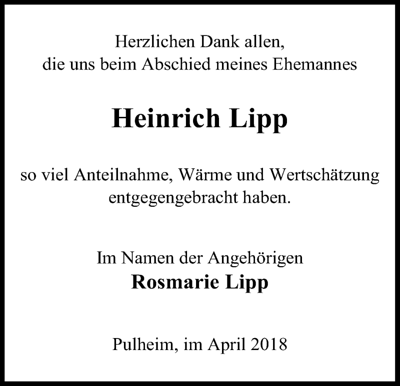  Traueranzeige für Heinrich Lipp vom 21.04.2018 aus Kölner Stadt-Anzeiger / Kölnische Rundschau / Express