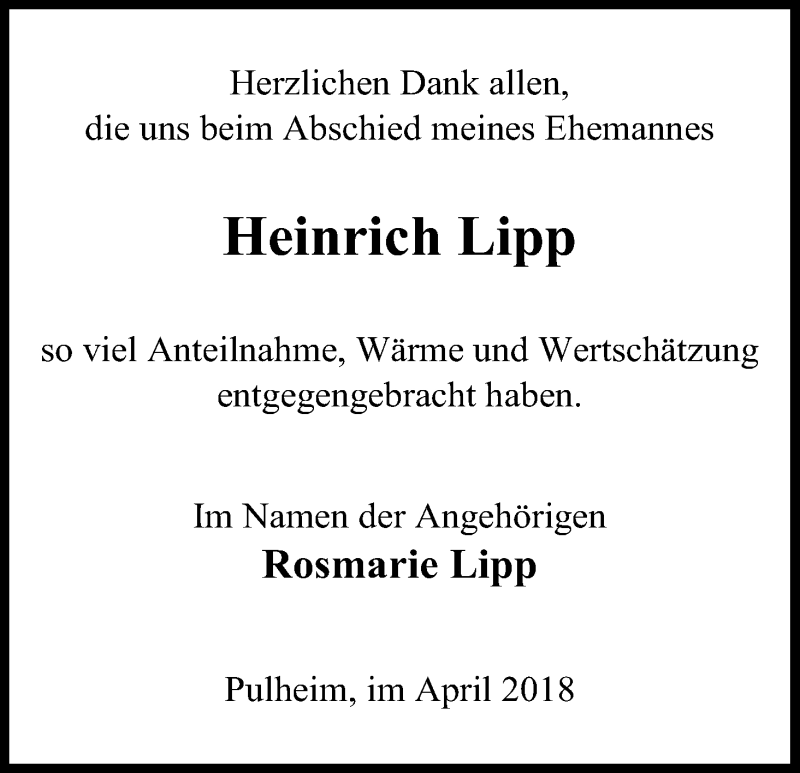  Traueranzeige für Heinrich Lipp vom 28.04.2018 aus Kölner Stadt-Anzeiger / Kölnische Rundschau / Express