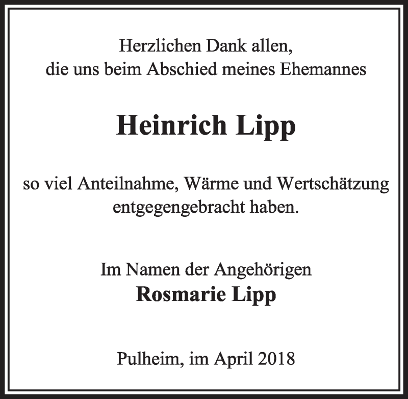 Traueranzeige für Heinrich Lipp vom 21.04.2018 aus  Sonntags-Post 