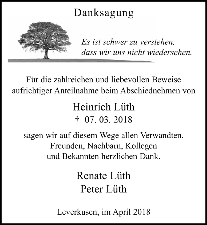  Traueranzeige für Heinrich Lüth vom 28.04.2018 aus  Leverkusener Wochenende 