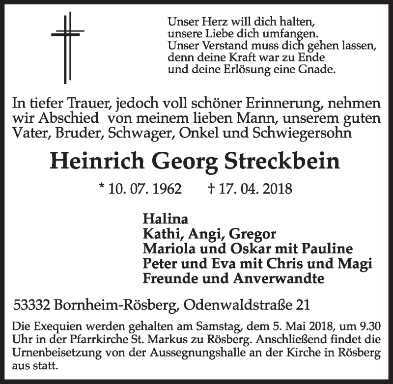  Traueranzeige für Heinrich Georg Streckbein vom 25.04.2018 aus  Schlossbote/Werbekurier 
