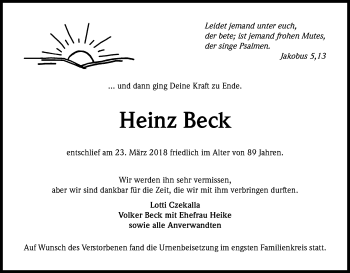 Anzeige von Heinz Beck von Kölner Stadt-Anzeiger / Kölnische Rundschau / Express