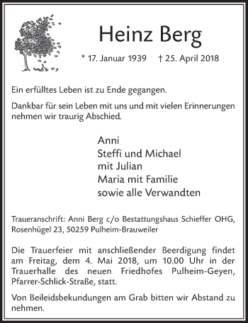 Anzeige von Heinz Berg von  Sonntags-Post 