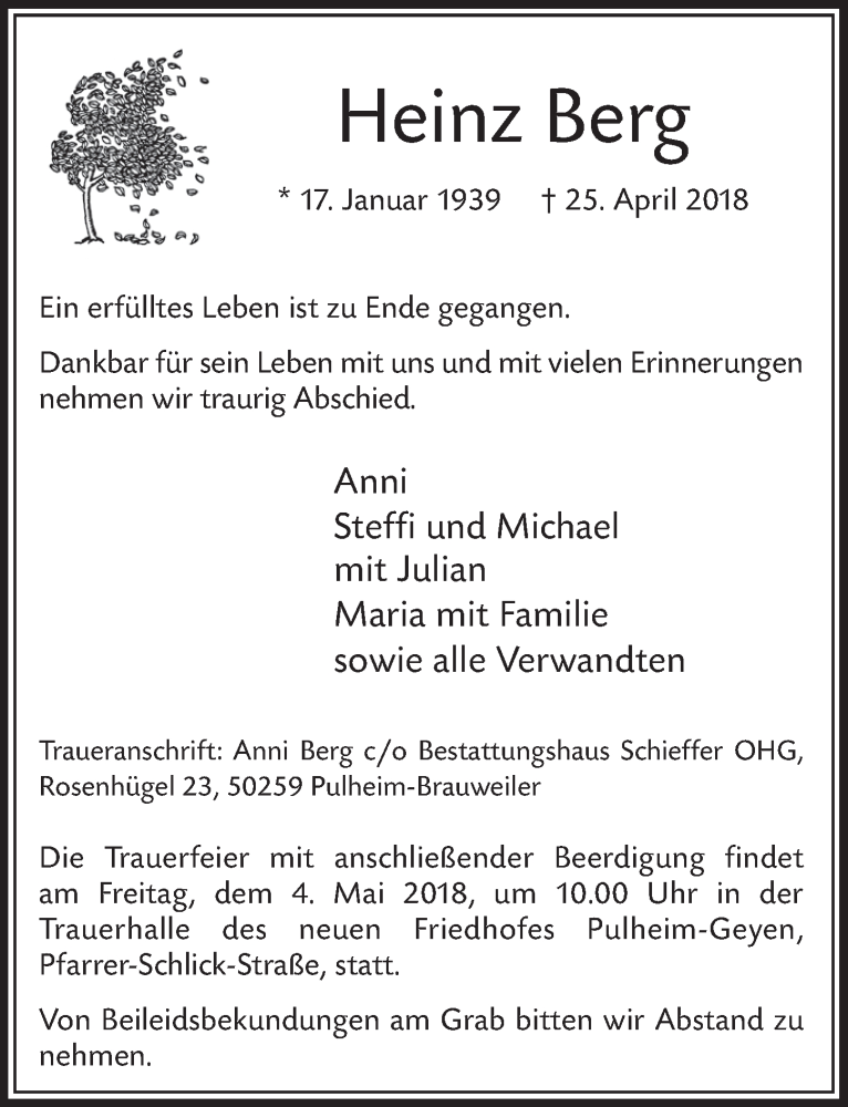  Traueranzeige für Heinz Berg vom 28.04.2018 aus  Sonntags-Post 