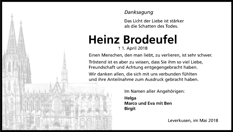  Traueranzeige für Heinz Brodeufel vom 28.04.2018 aus Kölner Stadt-Anzeiger / Kölnische Rundschau / Express