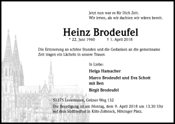 Anzeige von Heinz Brodeufel von Kölner Stadt-Anzeiger / Kölnische Rundschau / Express