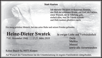 Anzeige von Heinz-Dieter Swatek von  Sonntags-Post 