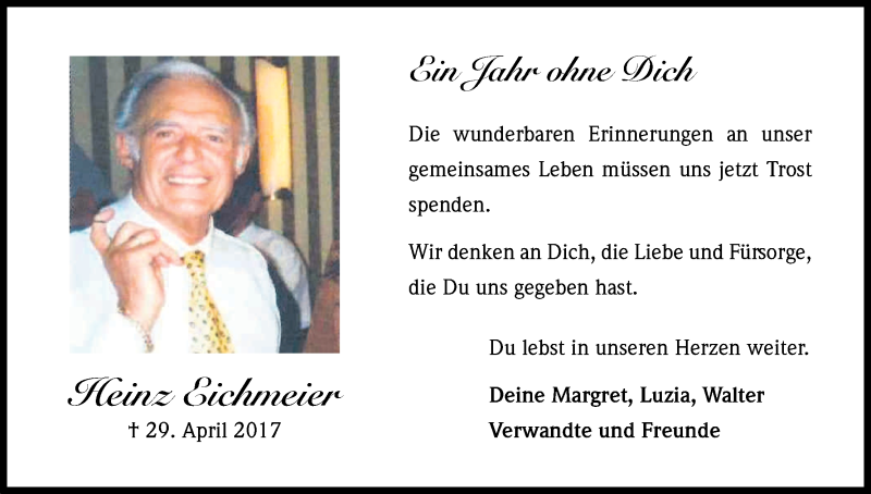  Traueranzeige für Heinz Eichmeier vom 28.04.2018 aus Kölner Stadt-Anzeiger / Kölnische Rundschau / Express