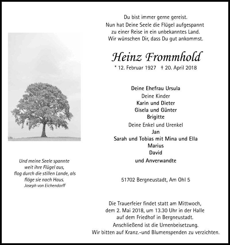  Traueranzeige für Heinz Frommhold vom 25.04.2018 aus Kölner Stadt-Anzeiger / Kölnische Rundschau / Express