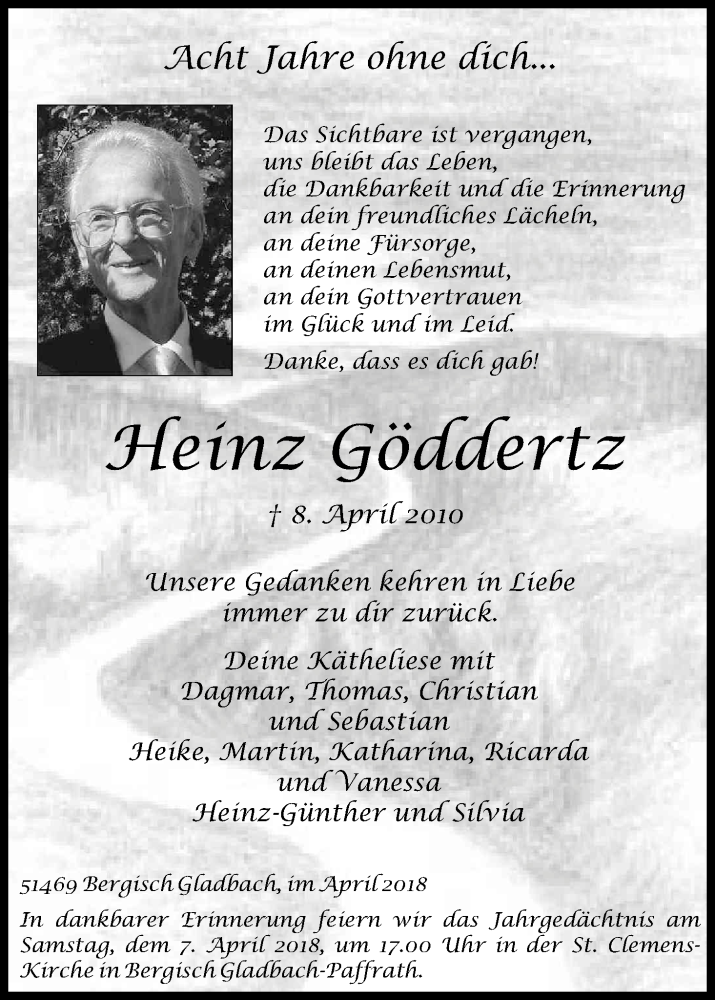  Traueranzeige für Heinz Göddertz vom 07.04.2018 aus Kölner Stadt-Anzeiger / Kölnische Rundschau / Express