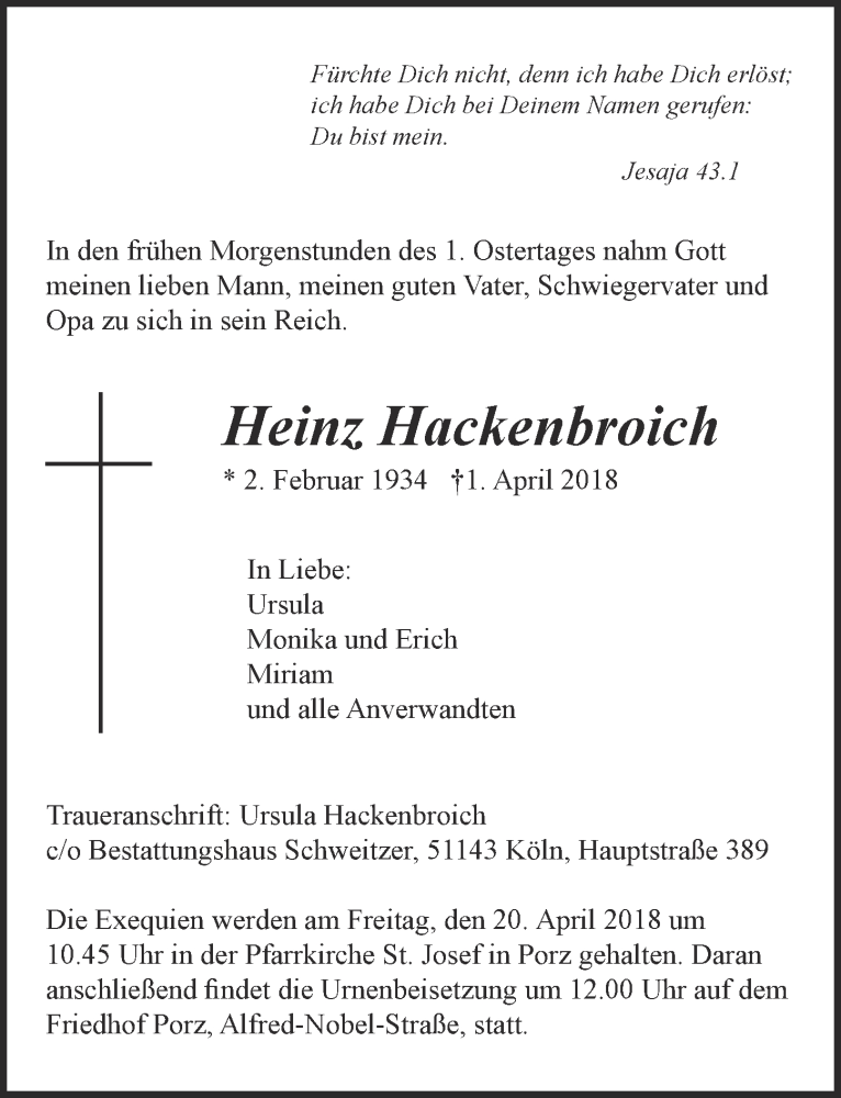  Traueranzeige für Heinz Hackenbroich vom 11.04.2018 aus  Kölner Wochenspiegel 