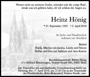Anzeige von Heinz Hönig von Kölner Stadt-Anzeiger / Kölnische Rundschau / Express