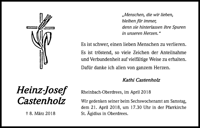  Traueranzeige für Heinz-Josef Castenholz vom 14.04.2018 aus Kölner Stadt-Anzeiger / Kölnische Rundschau / Express