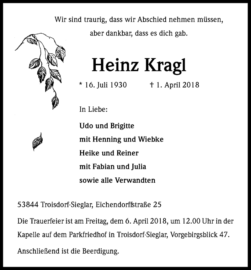  Traueranzeige für Heinz Kragl vom 04.04.2018 aus Kölner Stadt-Anzeiger / Kölnische Rundschau / Express