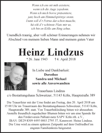 Anzeige von Heinz Lindzus von  Kölner Wochenspiegel 