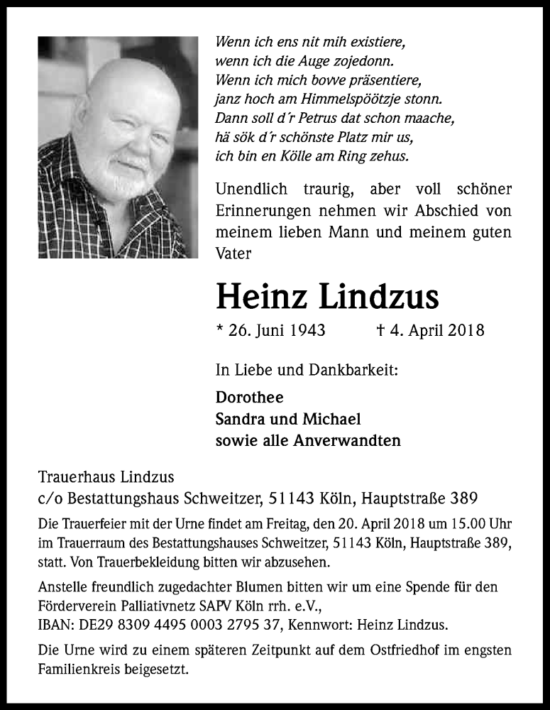  Traueranzeige für Heinz Lindzus vom 14.04.2018 aus Kölner Stadt-Anzeiger / Kölnische Rundschau / Express