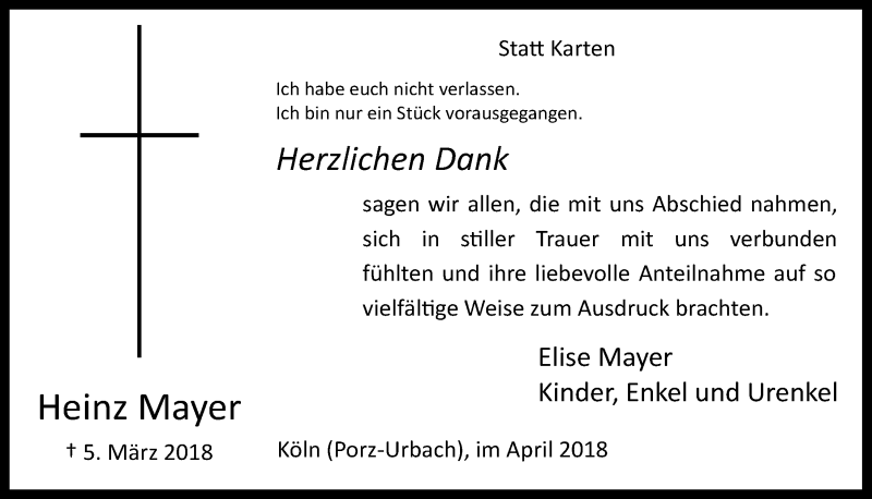  Traueranzeige für Heinz Mayer vom 11.04.2018 aus  Kölner Wochenspiegel 