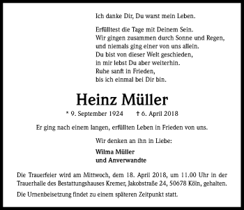 Anzeige von Heinz Müller von Kölner Stadt-Anzeiger / Kölnische Rundschau / Express
