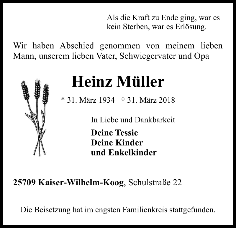 Traueranzeige für Heinz Müller vom 07.04.2018 aus Kölner Stadt-Anzeiger / Kölnische Rundschau / Express