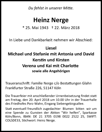 Anzeige von Heinz Nerge von Kölner Stadt-Anzeiger / Kölnische Rundschau / Express