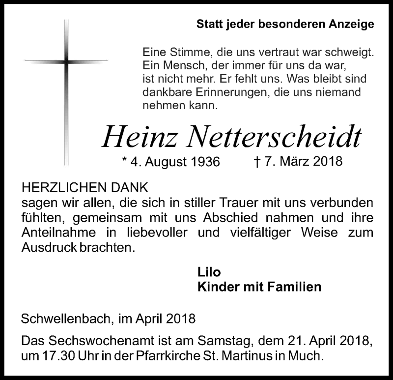  Traueranzeige für Heinz Netterscheidt vom 14.04.2018 aus Kölner Stadt-Anzeiger / Kölnische Rundschau / Express