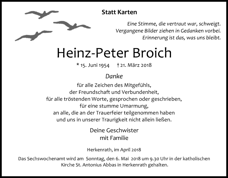  Traueranzeige für Heinz-Peter Broich vom 28.04.2018 aus Kölner Stadt-Anzeiger / Kölnische Rundschau / Express
