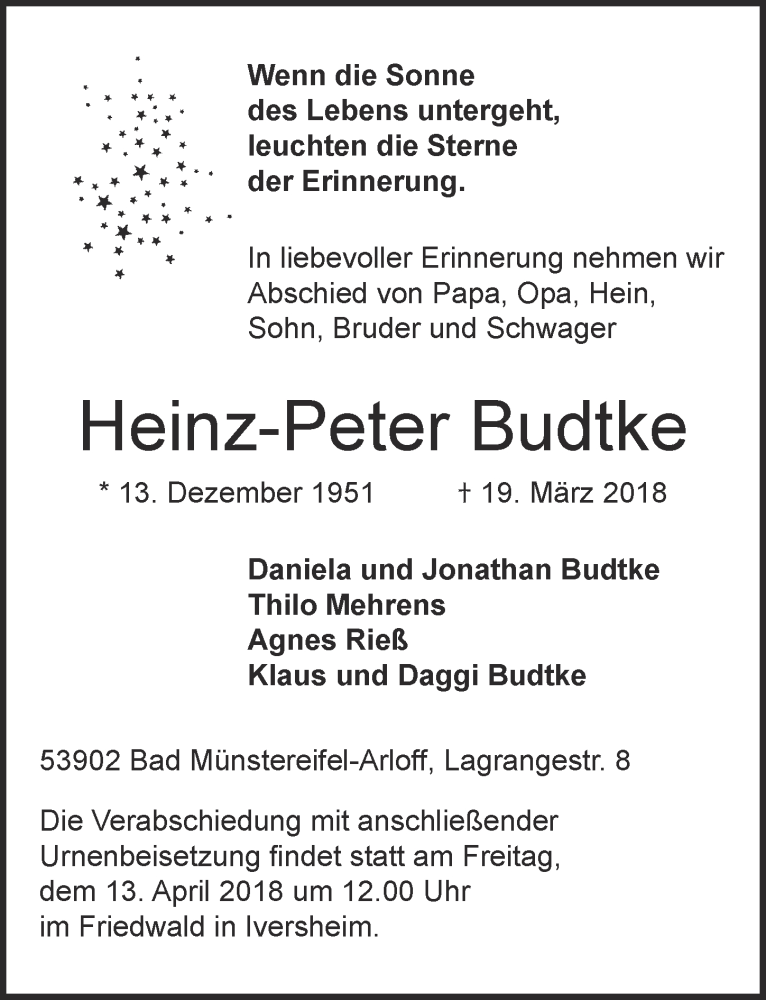  Traueranzeige für Heinz-Peter Budtke vom 07.04.2018 aus  Blickpunkt Euskirchen 