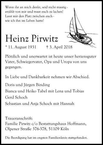 Anzeige von Heinz Pirwitz von Kölner Stadt-Anzeiger / Kölnische Rundschau / Express