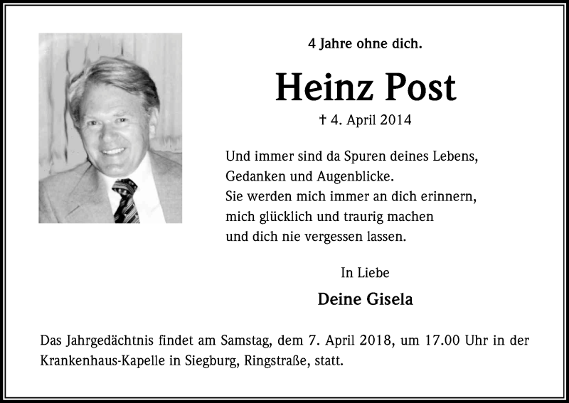  Traueranzeige für Heinz Post vom 04.04.2018 aus Kölner Stadt-Anzeiger / Kölnische Rundschau / Express