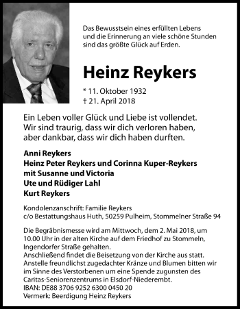 Anzeige von Heinz Reykers von Kölner Stadt-Anzeiger / Kölnische Rundschau / Express