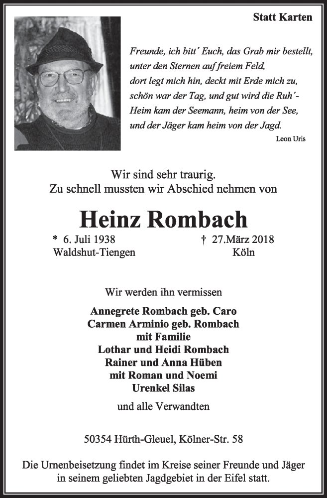  Traueranzeige für Heinz Rombach vom 07.04.2018 aus  Sonntags-Post 