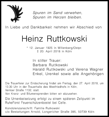 Anzeige von Heinz Ruttkowski von Kölner Stadt-Anzeiger / Kölnische Rundschau / Express