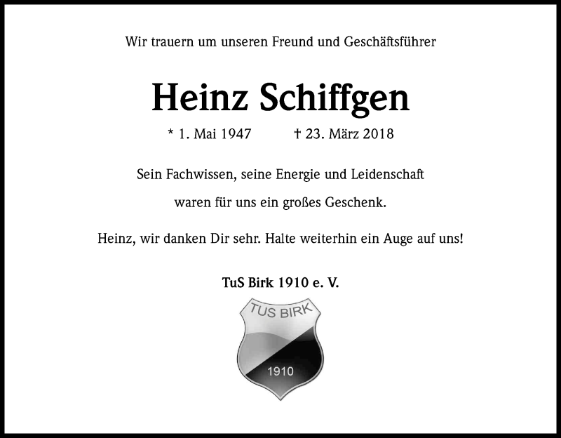  Traueranzeige für Heinz Schiffgen vom 07.04.2018 aus Kölner Stadt-Anzeiger / Kölnische Rundschau / Express