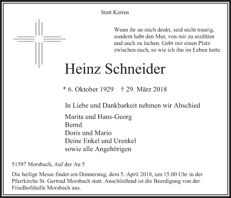  Traueranzeige für Heinz Schneider vom 04.04.2018 aus  Lokalanzeiger 