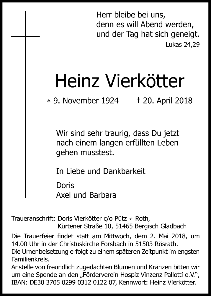  Traueranzeige für Heinz Vierkötter vom 26.04.2018 aus Kölner Stadt-Anzeiger / Kölnische Rundschau / Express